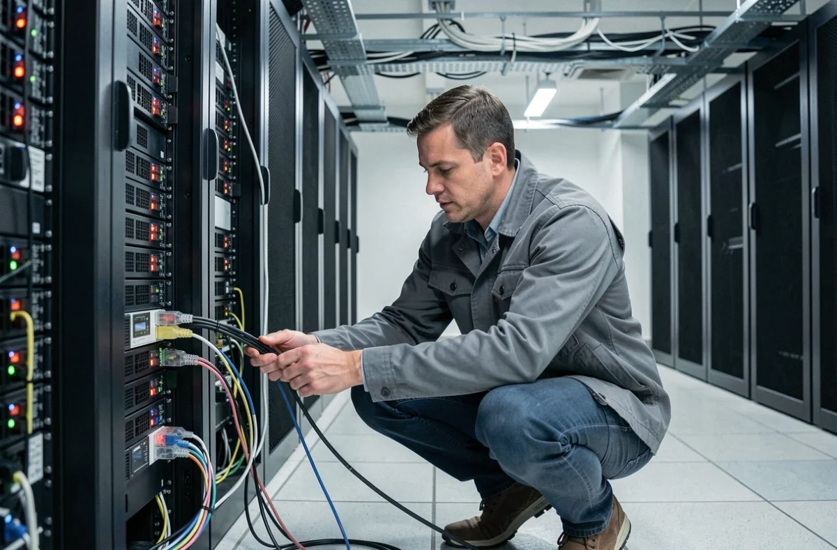 Spécialiste réseau de NetworkIT Solutions installant des câbles dans une salle serveur à Dunkerque