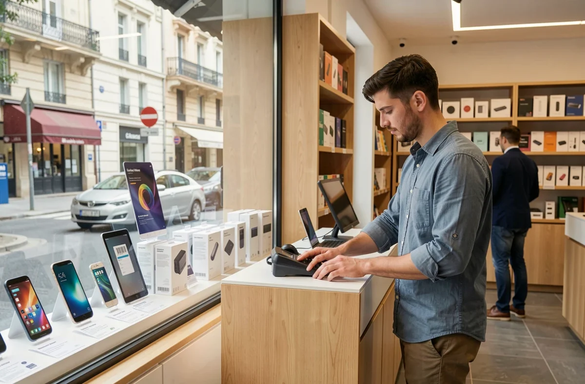 Boutique New-Tech Marseille avec smartphones et accessoires informatiques en vitrine