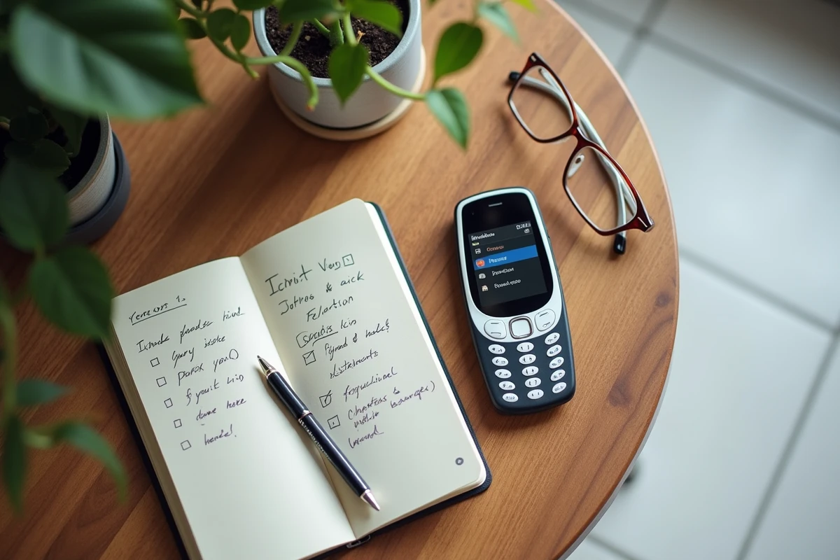 Nokia 3310 posé sur une table en bois avec un carnet de notes manuscrites et des lunettes de lecture, illustrant des astuces pour mieux utiliser le téléphone