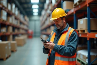 Homme industriel en gilet de sécurité et casque dans un entrepôt