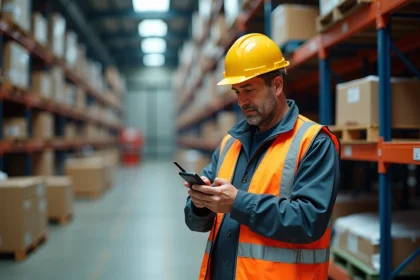 Homme industriel en gilet de sécurité et casque dans un entrepôt