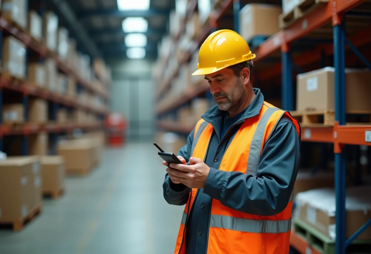 Homme industriel en gilet de sécurité et casque dans un entrepôt