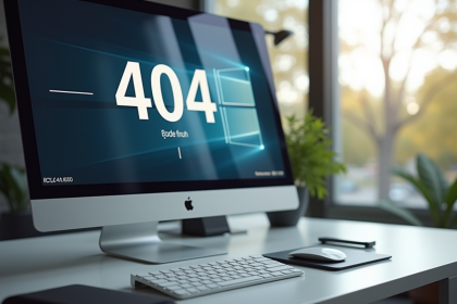 Ecran d'ordinateur affichant une page 404 en bureau lumineux