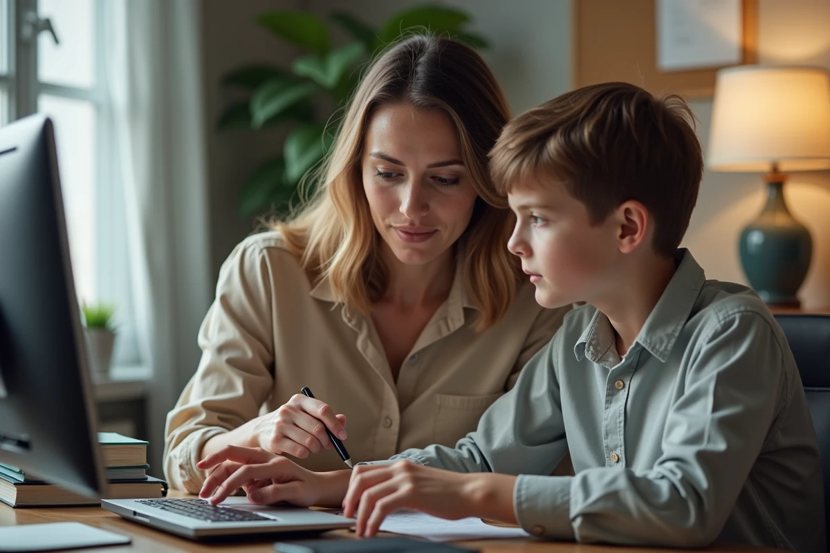 Une mère aidant son fils collégien à se connecter au portail Oze 92 depuis un bureau à domicile