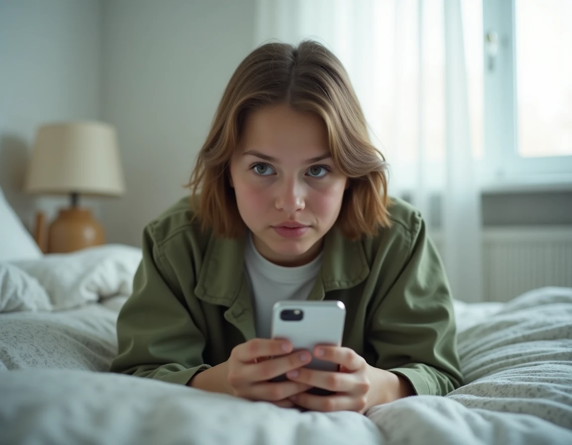 Personne allongée sur son lit consultant secrètement des stories Snapchat sur smartphone