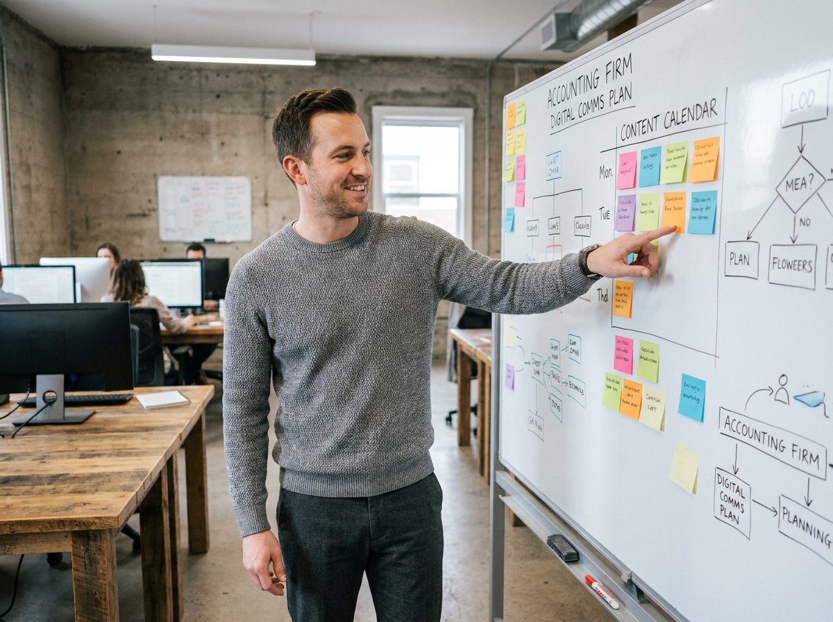 Expert-comptable présentant un plan de communication digitale sur un tableau blanc dans un espace de travail collaboratif