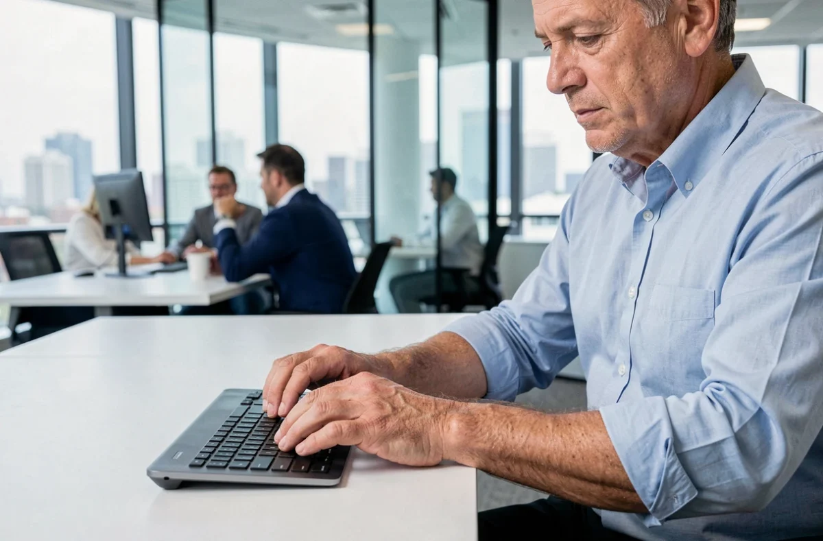 Homme en bureau open-space montrant le positionnement correct des doigts sur la touche Shift d'un clavier sans fil