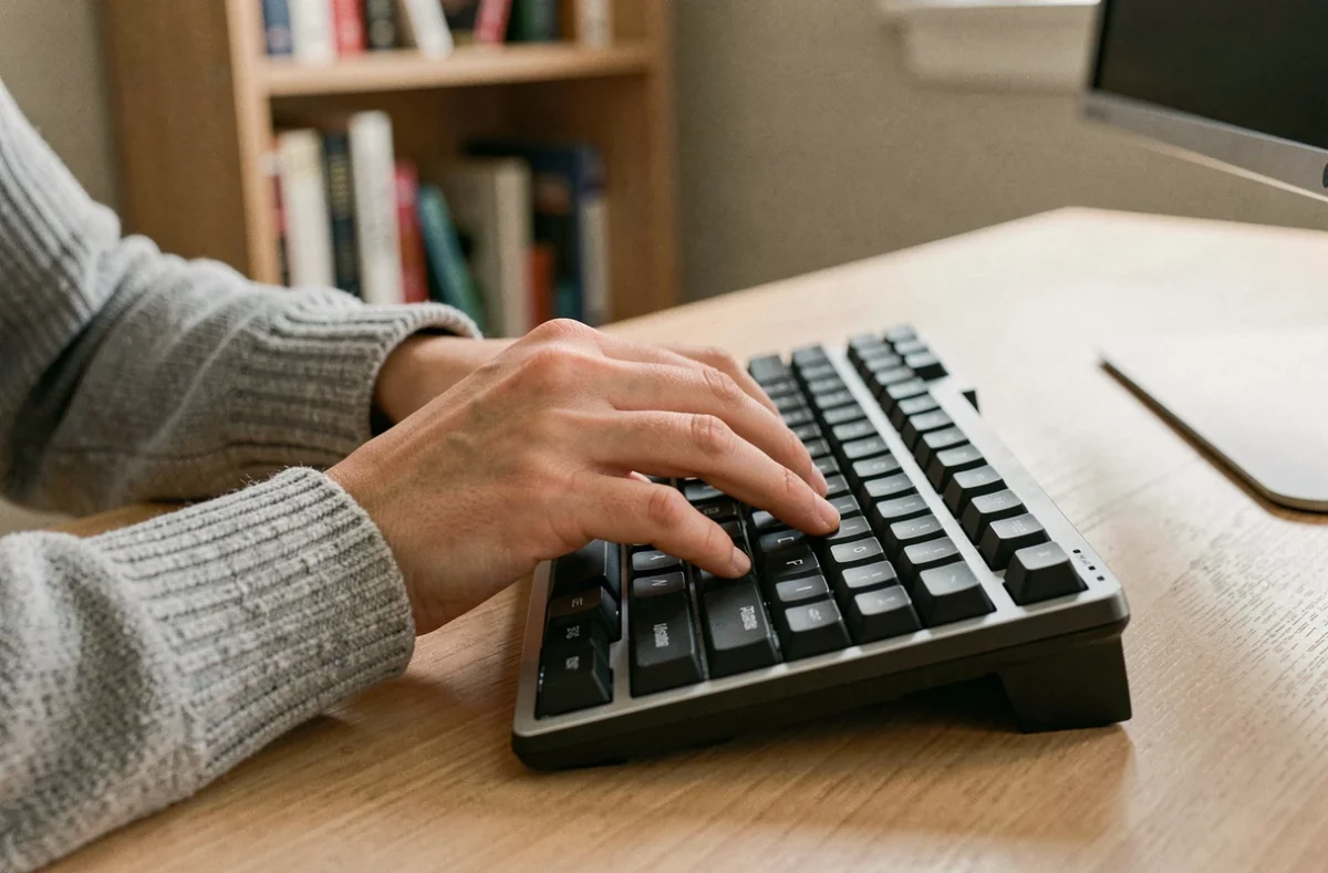 Femme appuyant sur la touche Shift avec l'auriculaire gauche sur un clavier mécanique, vue de dessus rapprochée