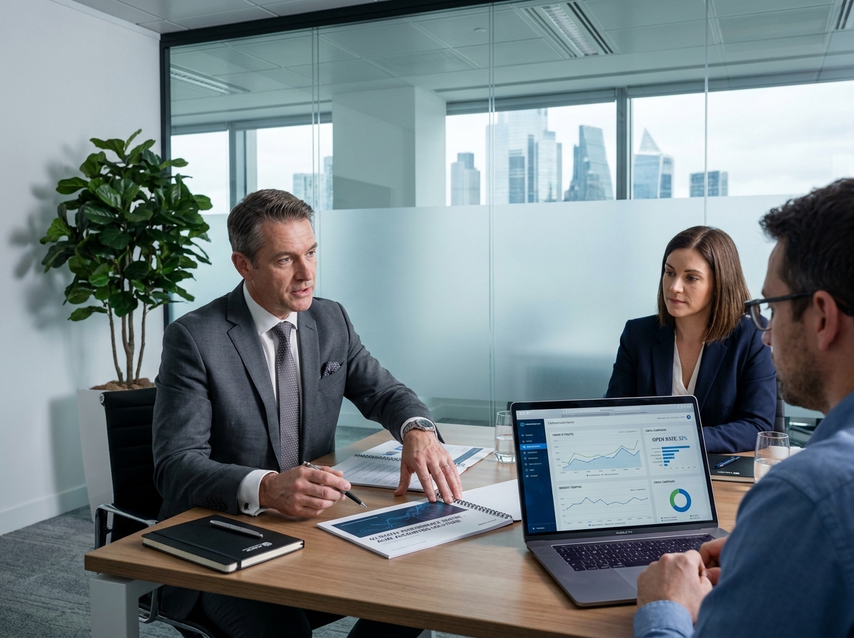 Comptable senior présentant un rapport de communication digitale à des clients lors d'une réunion en salle de conférence