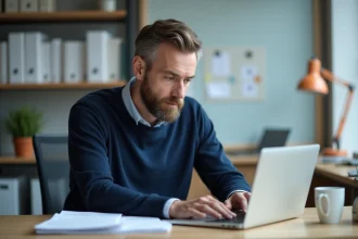 Professeur concentré vérifiant ses emails dans son bureau moderne