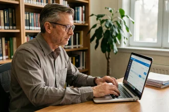 Professeur universitaire accédant à sa messagerie académique Webmail49 sur un ordinateur portable dans son bureau
