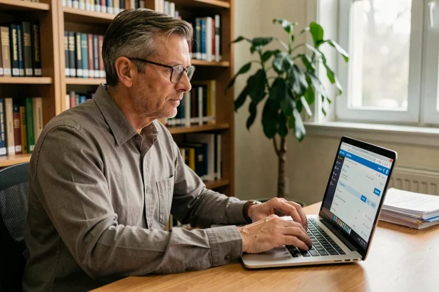 Professeur universitaire accédant à sa messagerie académique Webmail49 sur un ordinateur portable dans son bureau