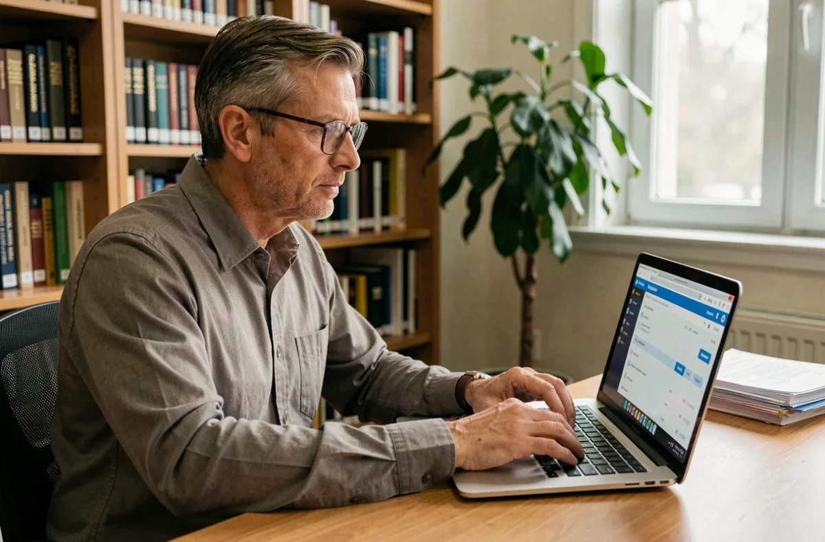 Professeur universitaire accédant à sa messagerie académique Webmail49 sur un ordinateur portable dans son bureau