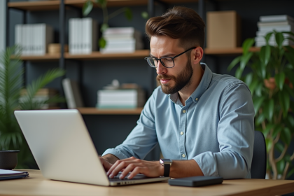 Homme professionnel IT travaillant sur son ordinateur dans un bureau moderne