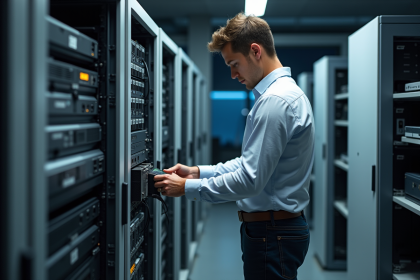 Jeune homme IT configurant un serveur edge en bureau moderne