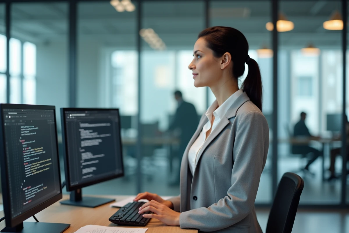 Professionnelle utilisant l'éditeur VBA d'Excel dans un bureau en open space pour construire une macro avec une boucle For