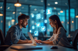 Jeune professionnel et femme analysant leurs profils en ligne