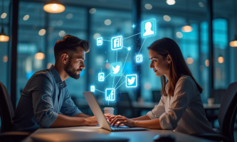 Jeune professionnel et femme analysant leurs profils en ligne