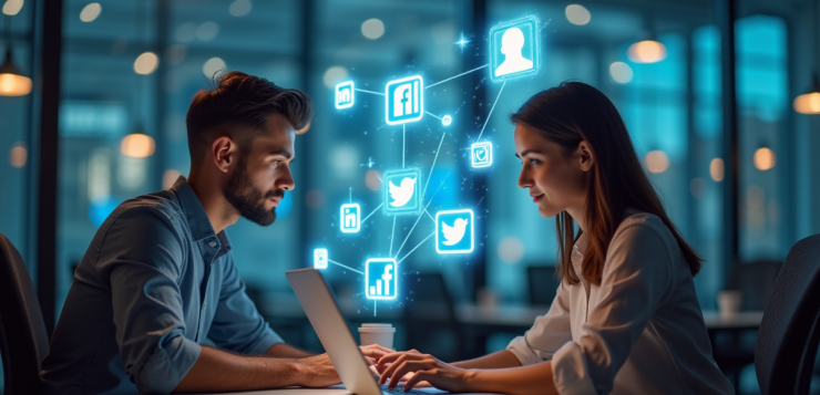 Jeune professionnel et femme analysant leurs profils en ligne