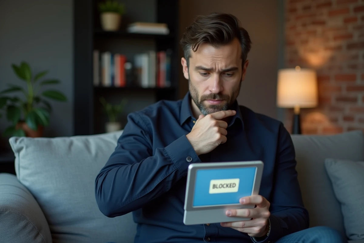 Homme perplexe consultant un profil Instagram introuvable sur une tablette dans un appartement moderne