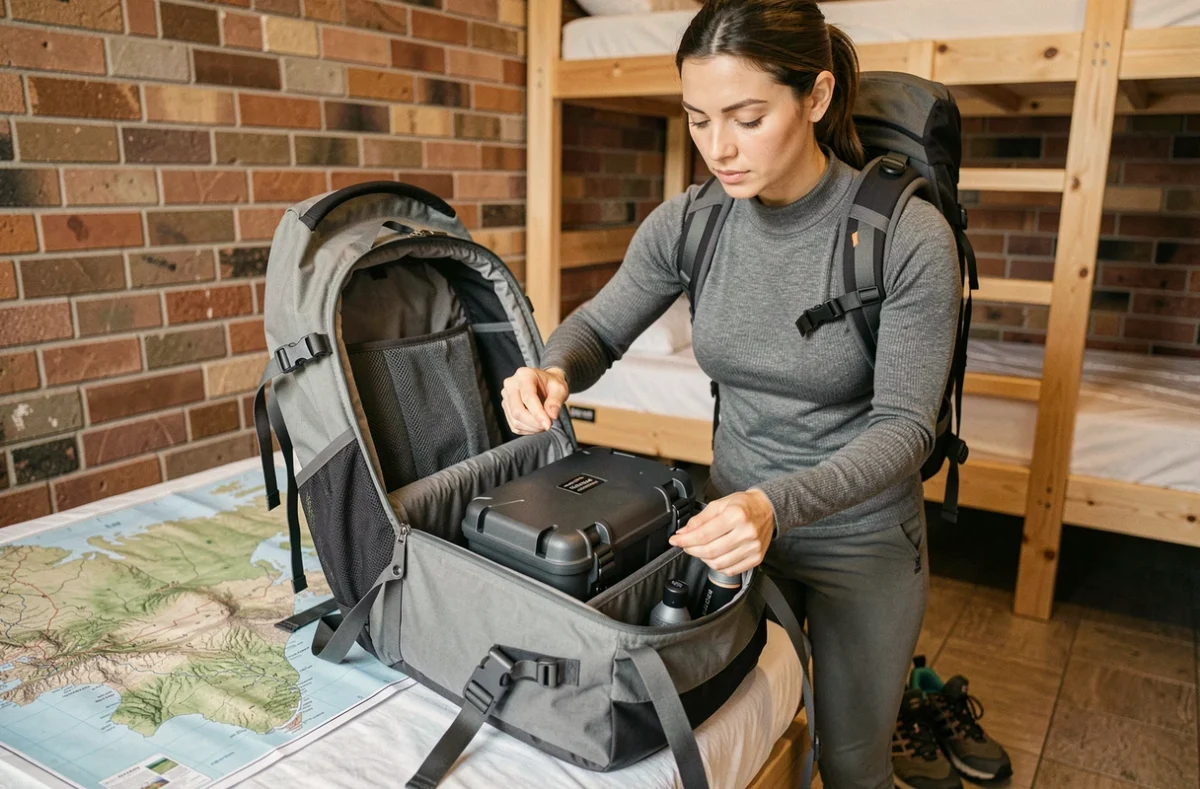 Voyageuse randonneuse rangeant son drone dans un sac à dos technique dans une chambre d'auberge