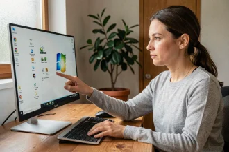 Femme récupérant des icônes disparues sur le bureau Windows depuis un ordinateur de bureau en home office