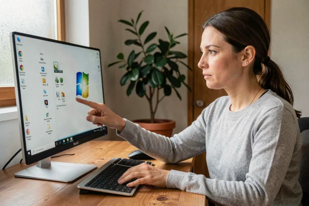 Femme récupérant des icônes disparues sur le bureau Windows depuis un ordinateur de bureau en home office
