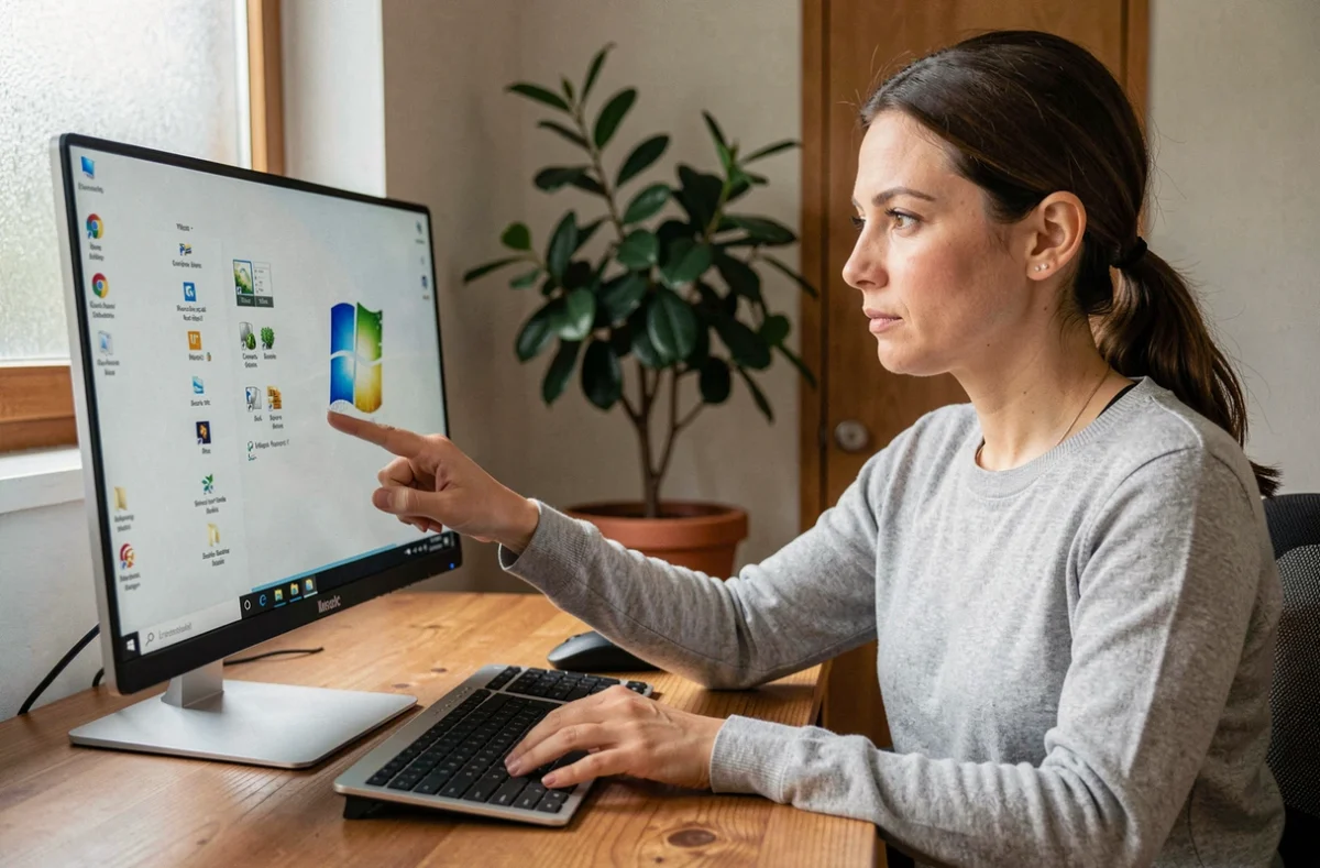 Femme récupérant des icônes disparues sur le bureau Windows depuis un ordinateur de bureau en home office