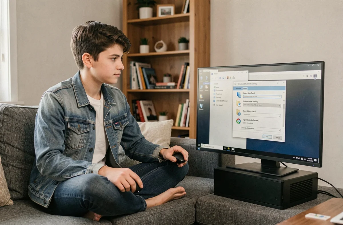 Jeune adulte consultant les paramètres d'affichage pour remettre des icônes sur le bureau Windows depuis son salon