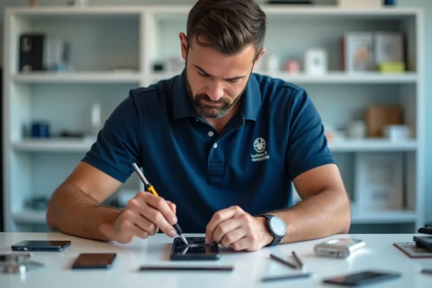 Réparateur de téléphone en train de changer l'écran d'un smartphone dans un atelier de réparation à Montpellier