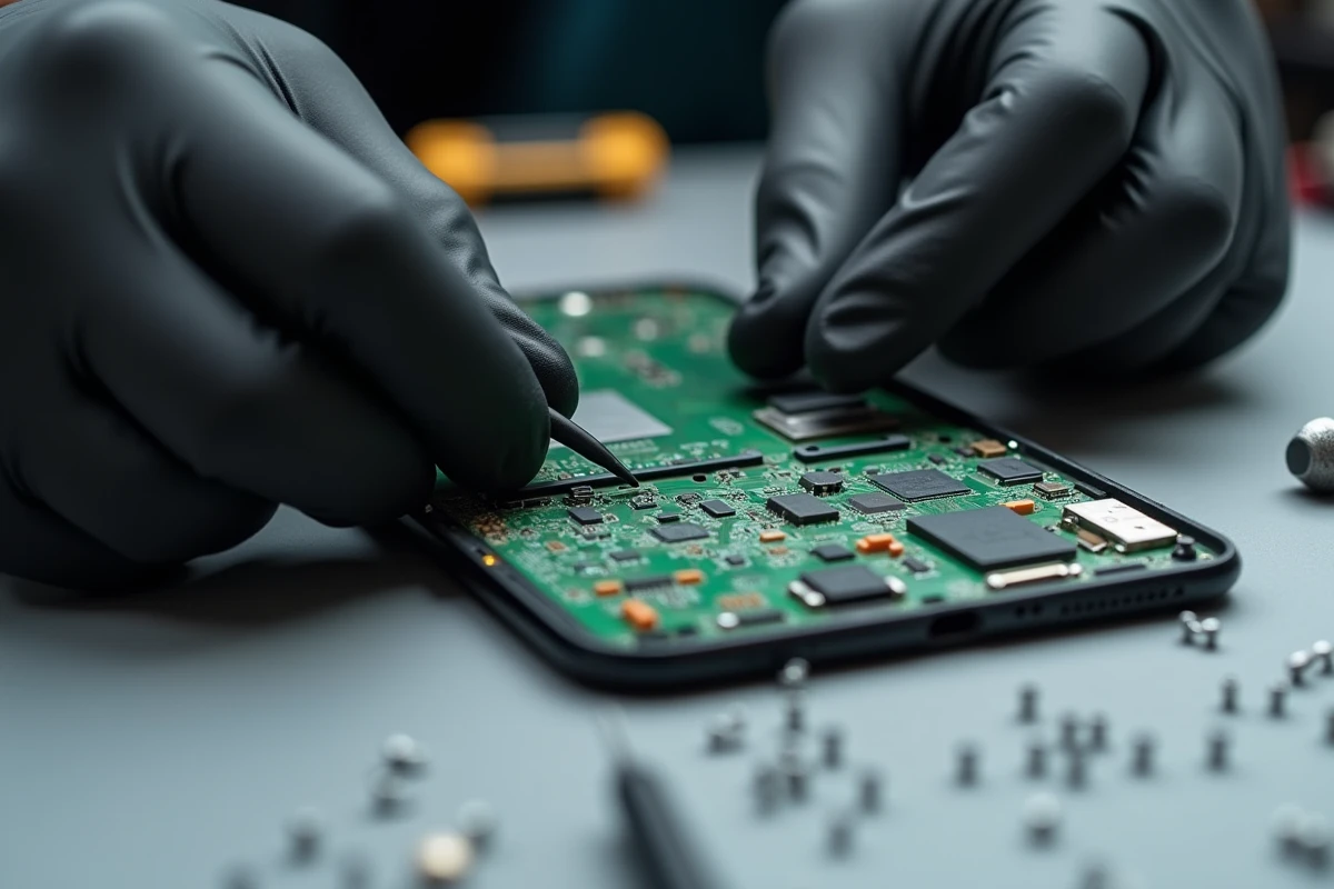 Gros plan sur la réparation interne d'un smartphone par un technicien spécialisé à Montpellier