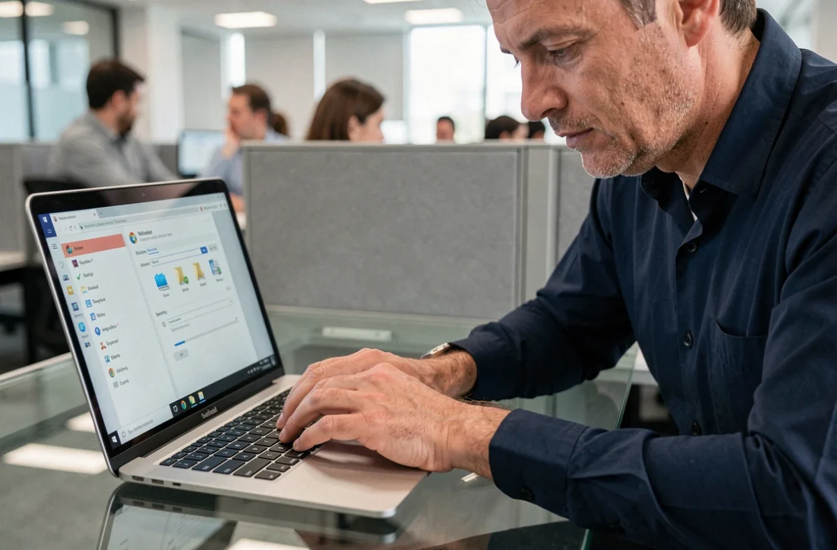 Homme restaurant les raccourcis disparus du bureau Windows sur un ordinateur portable en bureau professionnel
