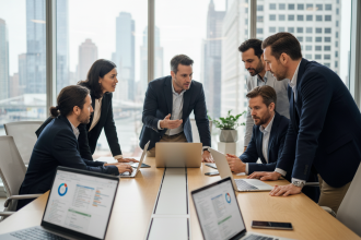 Groupe de professionnels en réunion autour d'une table moderne