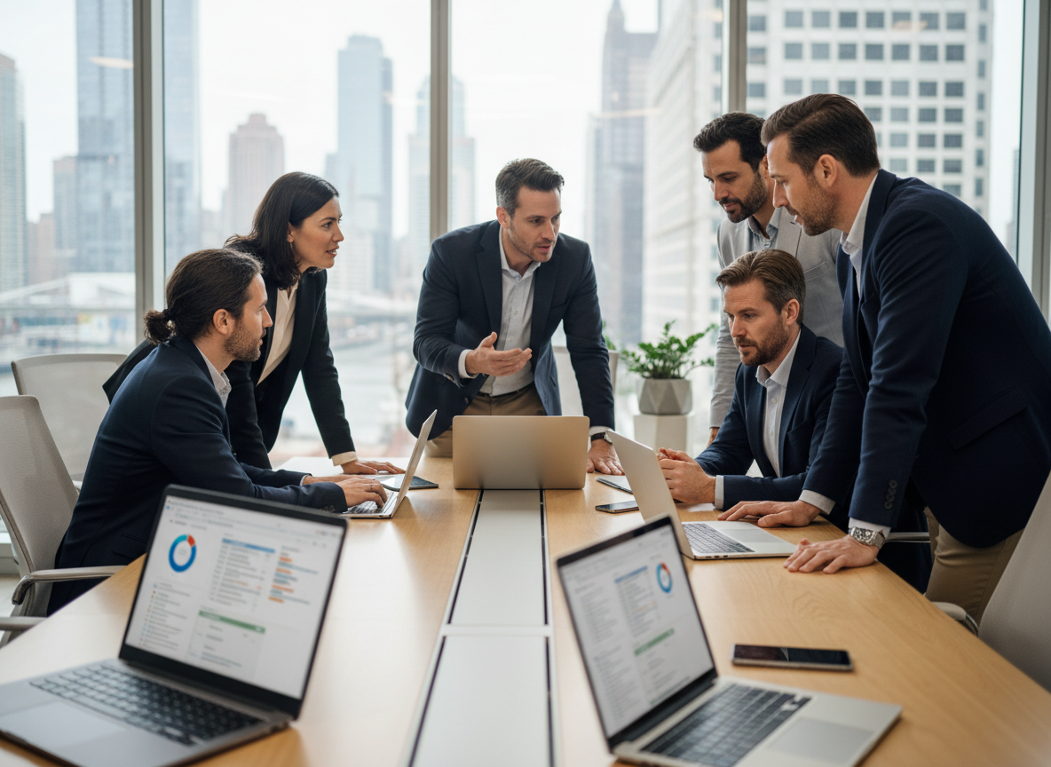 Groupe de professionnels en réunion autour d'une table moderne