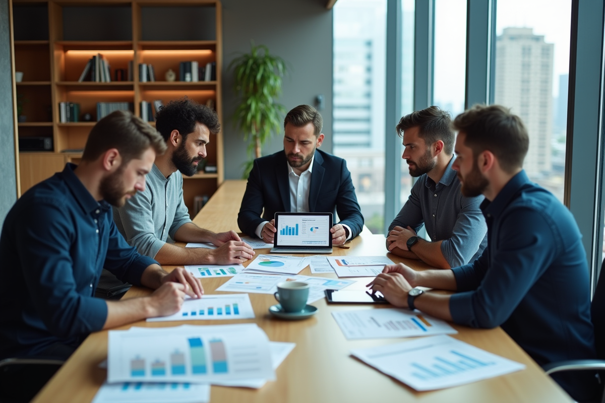 Groupe de professionnels collaborant autour d une table avec données et tablette