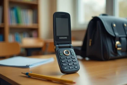 Samsung E250 téléphone à clapet posé sur un bureau scolaire en bois avec un sac à dos et une trousse