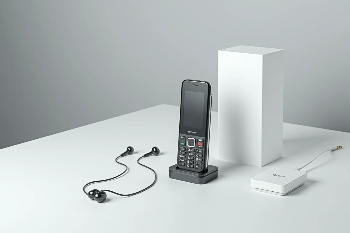 Samsung E250 téléphone classique sans écran tactile présenté avec sa boîte et ses accessoires sur un comptoir