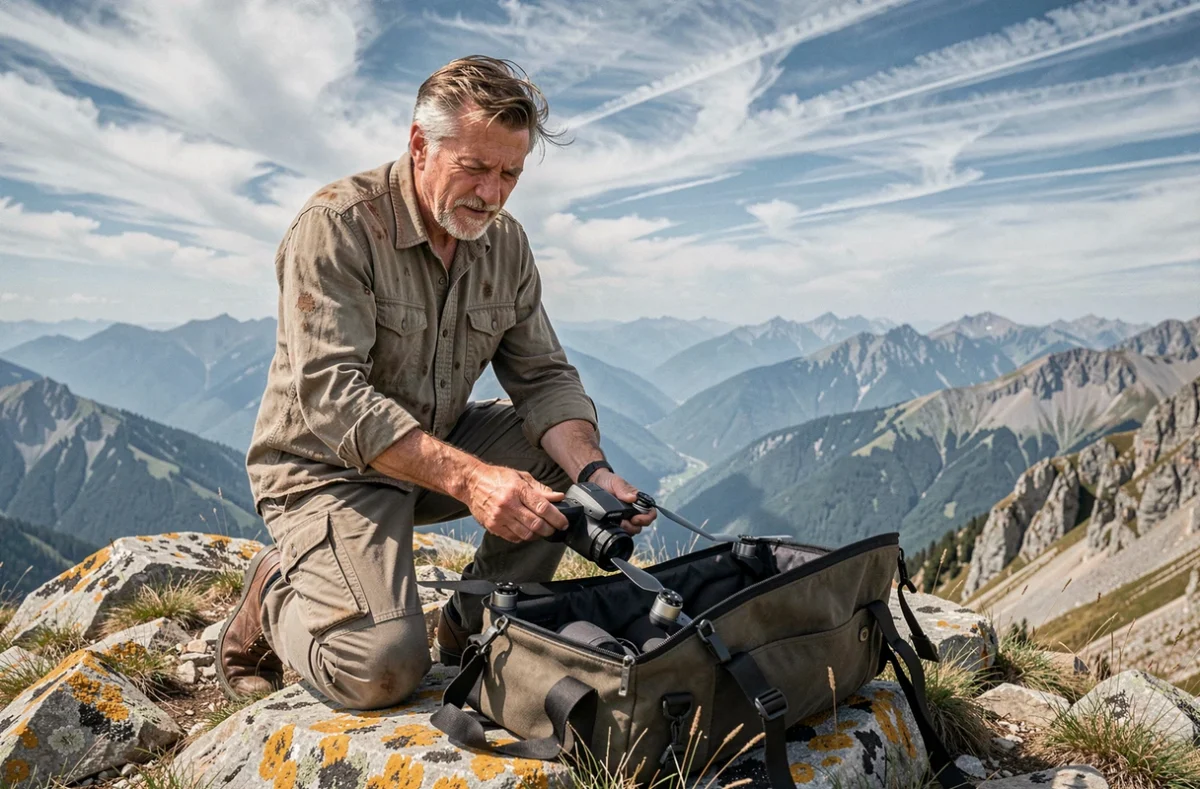 Photographe fixant les protège-hélices de son drone caméra au sommet d'une crête alpine rocheuse