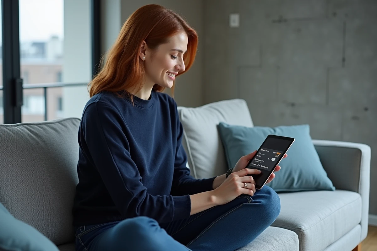 Femme sélectionnant la qualité HD sur une tablette pour télécharger une vidéo en meilleur format