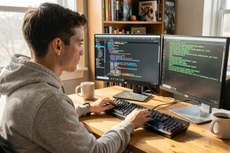 Jeune développeur configurant un serveur Minecraft Pixelmon sur un double écran dans un bureau à domicile en 2026