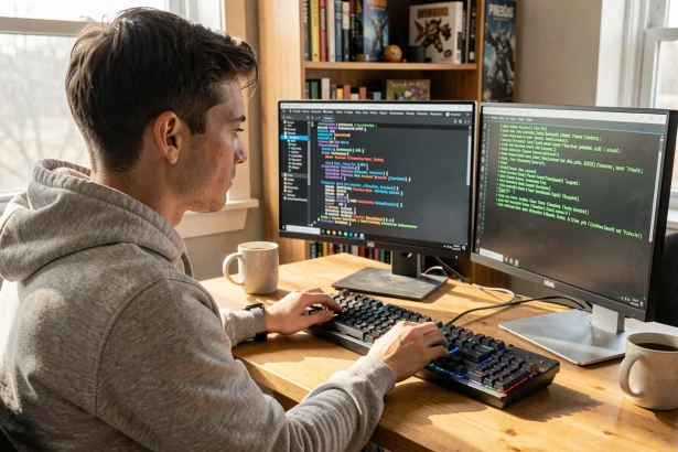 Jeune développeur configurant un serveur Minecraft Pixelmon sur un double écran dans un bureau à domicile en 2026
