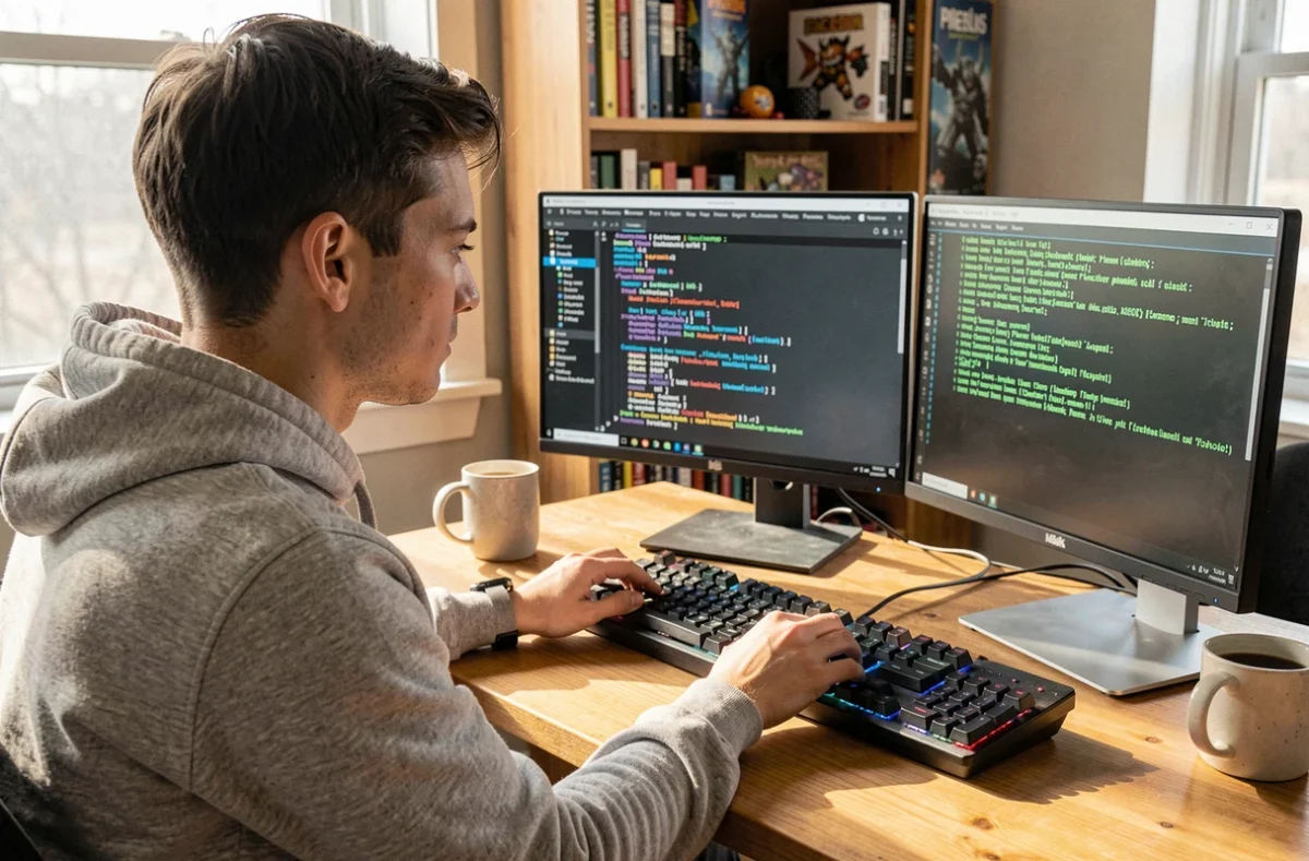Jeune développeur configurant un serveur Minecraft Pixelmon sur un double écran dans un bureau à domicile en 2026