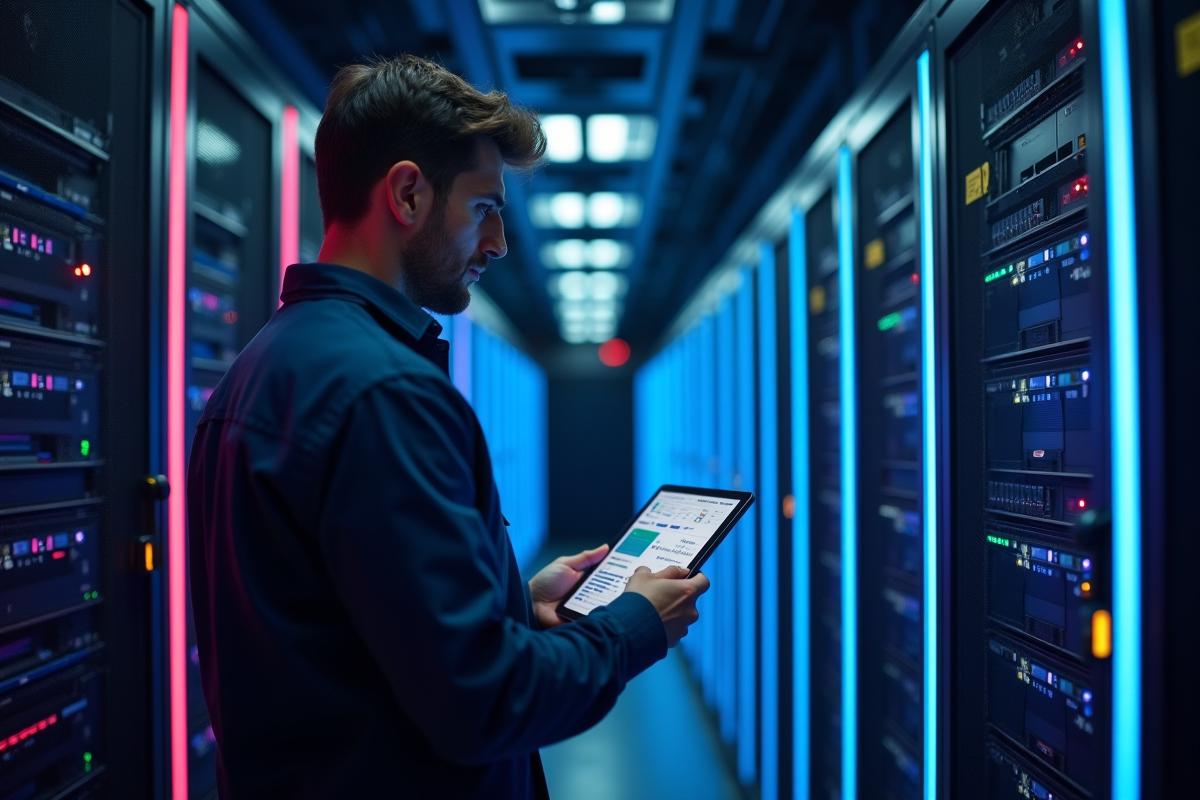 Ingénieur réseau utilisant une tablette dans une salle serveurs high tech