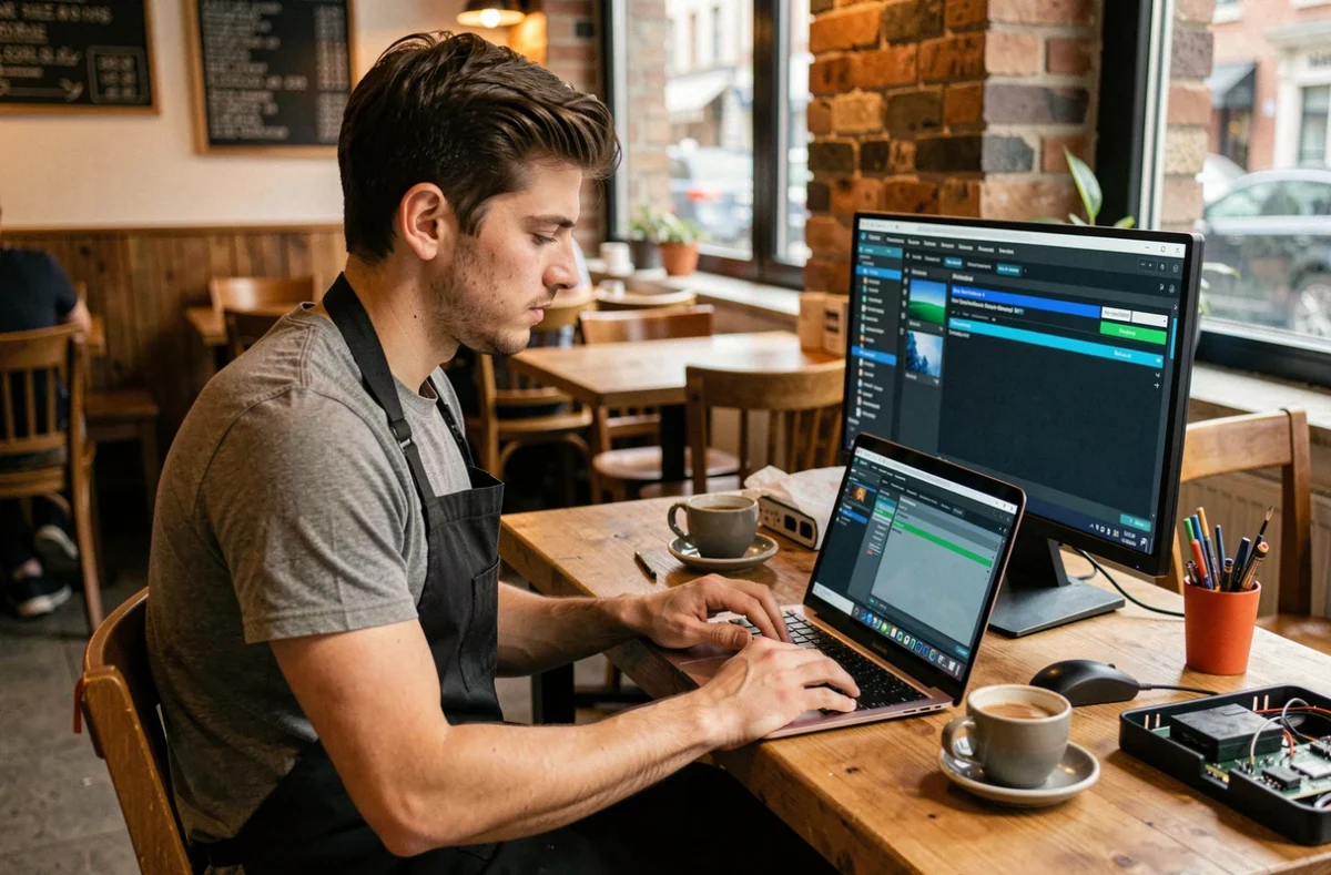 Technicien de Smart Coffee diagnostiquant un ordinateur portable dans un espace café-réparation à Lille