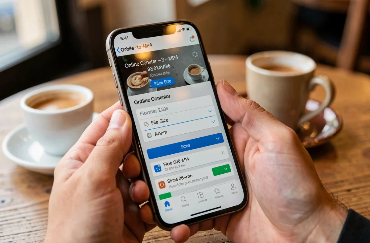 Gros plan sur un smartphone affichant un convertisseur vidéo MP4 en ligne dans un café