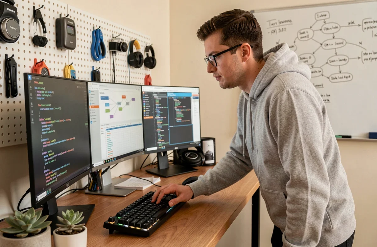 Développeur logiciel de SOCS concentré sur du code dans un espace de travail organisé avec plusieurs écrans