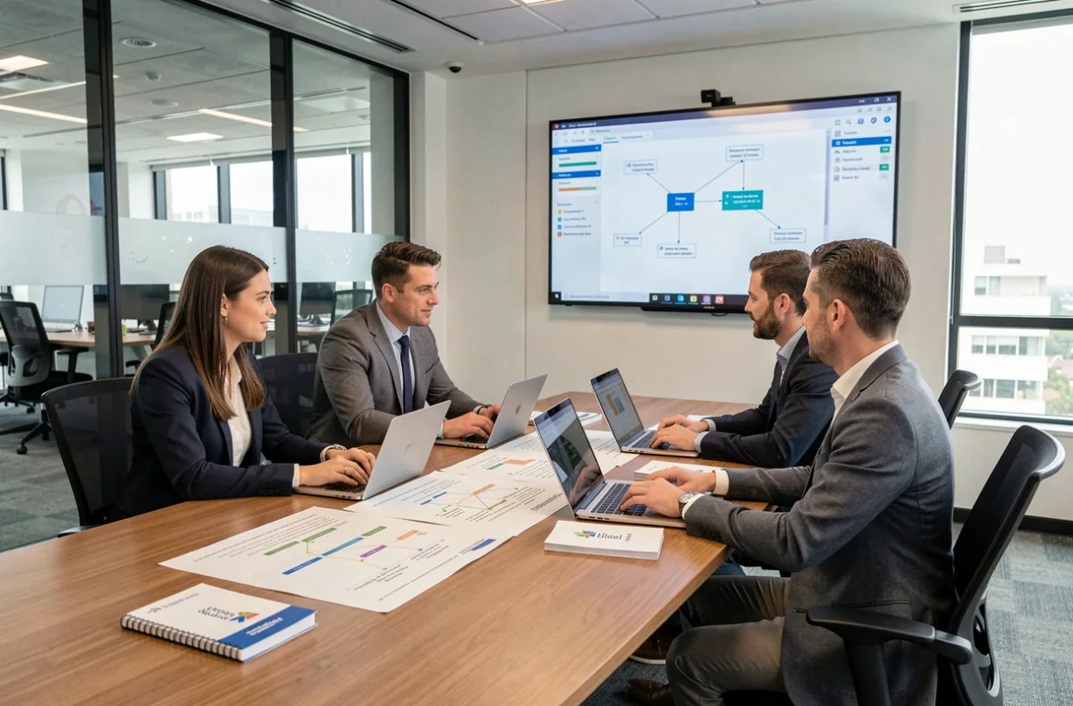 Équipe de consultants du groupe Sopra Steria réunie en réunion stratégique dans un bureau d'entreprise moderne