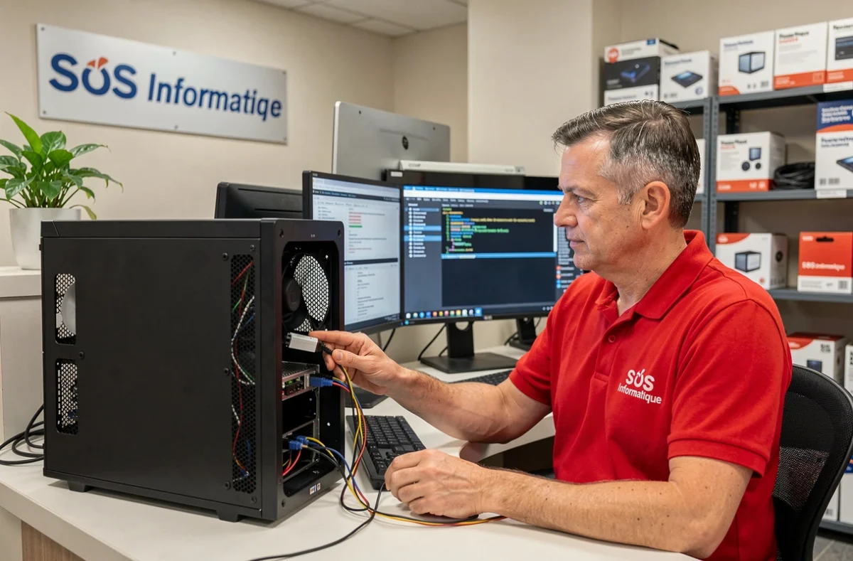 Technicien SOS Informatique diagnostiquant un PC de bureau avec des câbles de test au comptoir de service