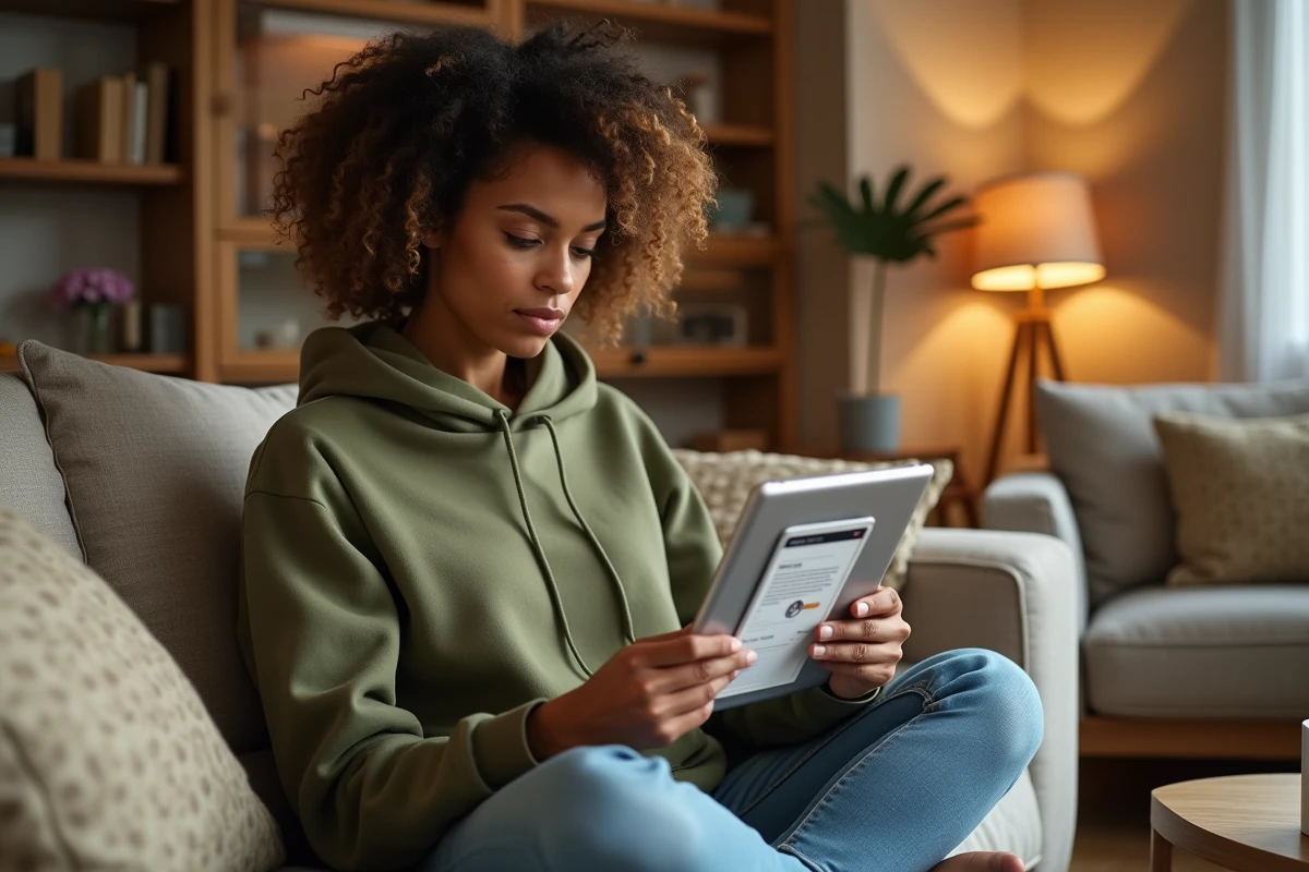 Jeune femme supprimant des pages d'un PDF depuis son navigateur sur une tablette, assise dans son salon