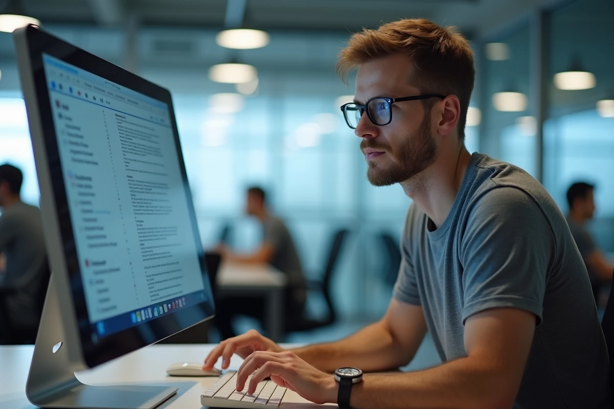 Homme utilisant un éditeur PDF en ligne dans un navigateur pour supprimer des pages depuis un ordinateur de bureau en open space